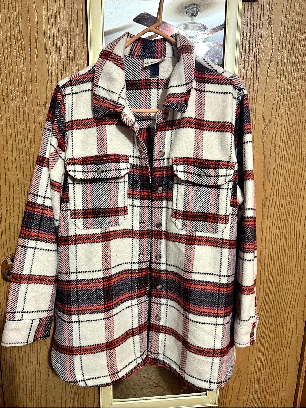 Universal Thread Plaid Fleece Shacket in White & Red